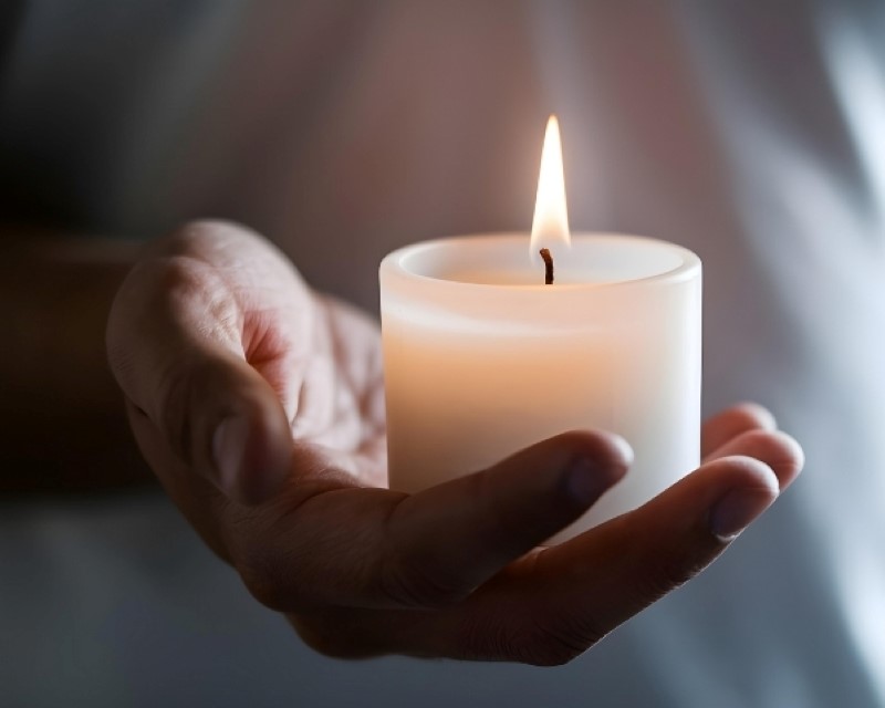 Kupade h&auml;nder h&aring;ller ett t&auml;nt blockljus i m&ouml;rkret.