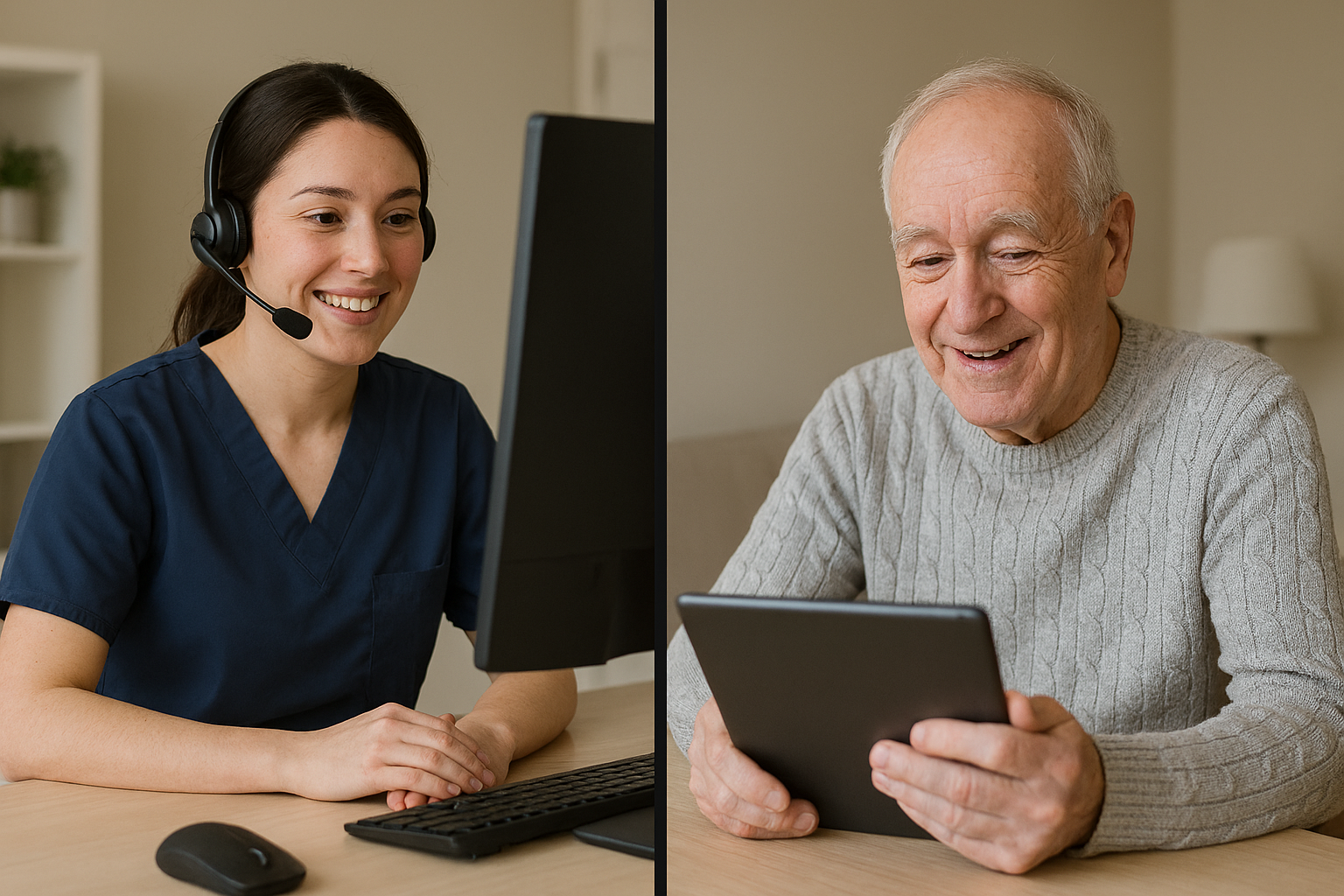 Personal samtalar via datorskärm med äldre person och surfplatta