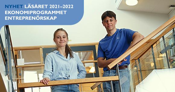 bild på 2 elever i en trappa med reklam för entreprenörsskap
