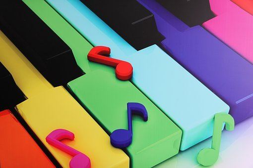 Bilden förestället ett pianoklaviatur med färggranna tangenter