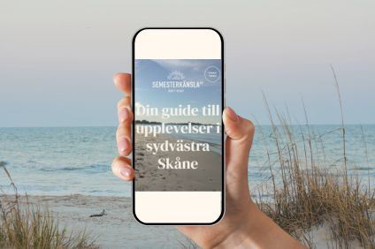 Hand håller en mobil som visar en webbplats med texten Din guide till upplevelser i sydvästra Skåne. Bakom syns en strand, vass och hav.