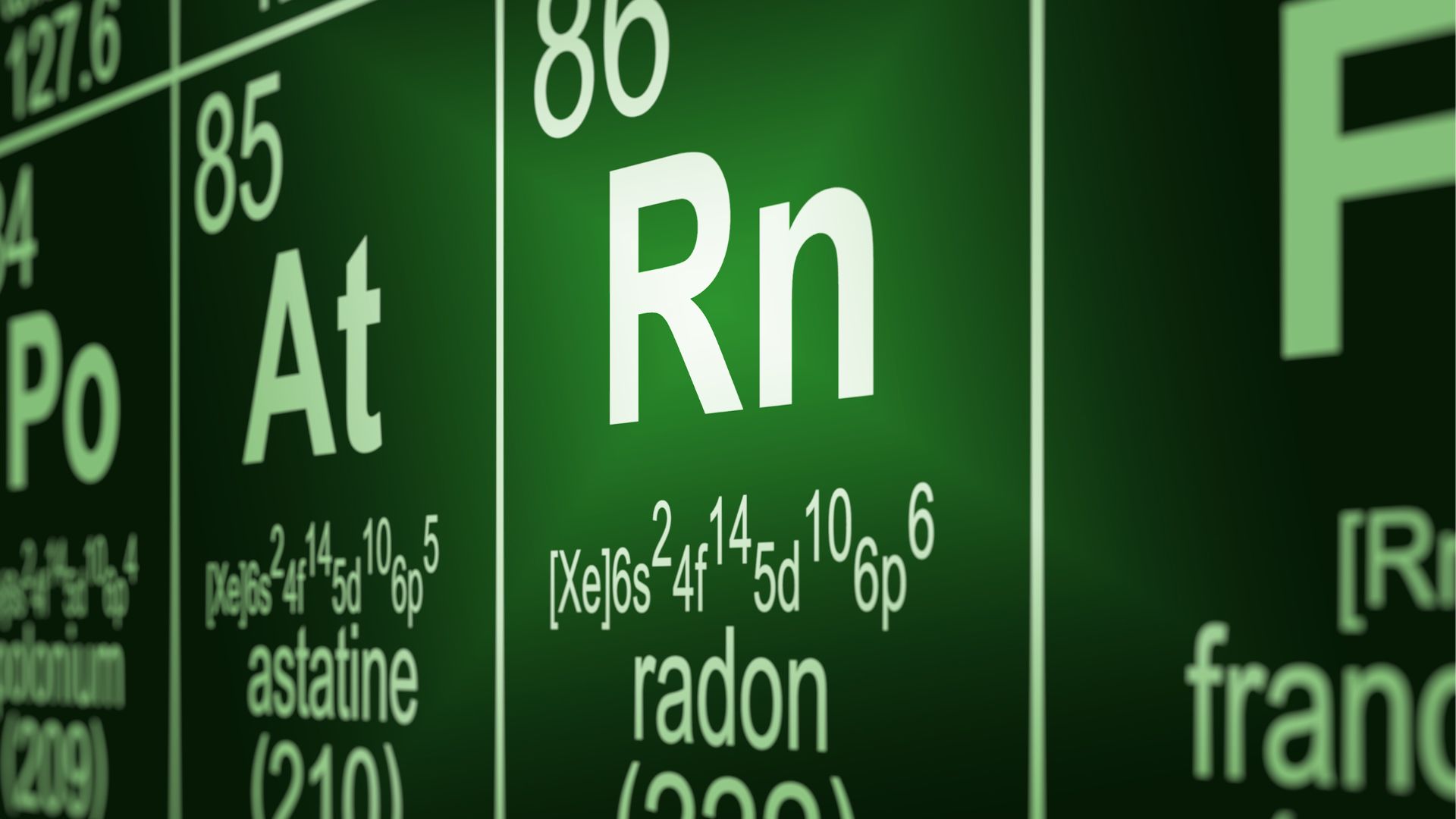 Periodiskt system i grön färg med bokstäverna RN för radon